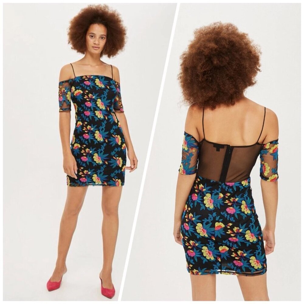 TOPSHOP BARDOT NEW WITH TAGS EMBROIDERED BODYCON BLACK MESH MINI DRESS -SIZE 4